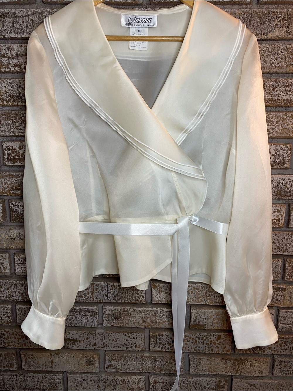 Vintage Frascara Ivory Silk-Trim Wrap Blouse with Tie Waist